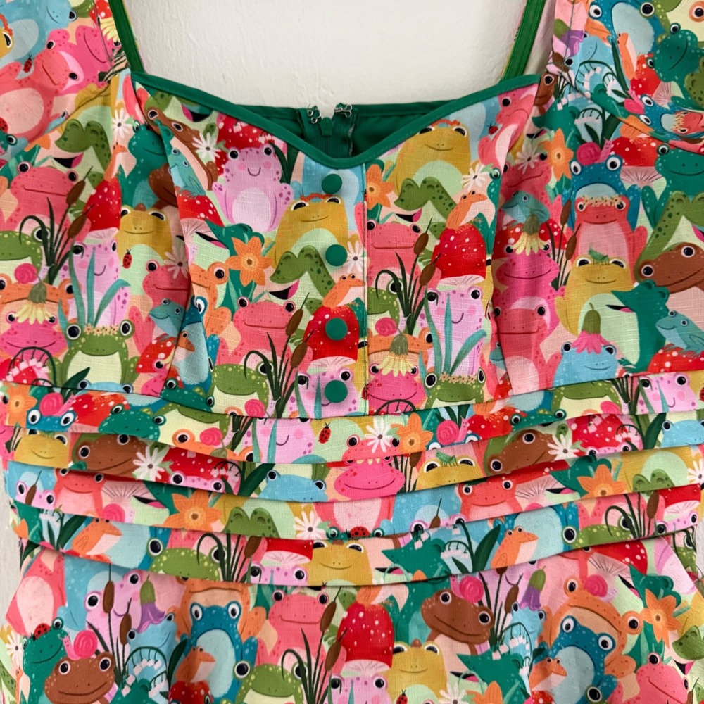Unique Vintage Frog Ribbit Rainbow Print‎ Swing Dress Size Medium Novelty AOP - Picture 13 of 13
